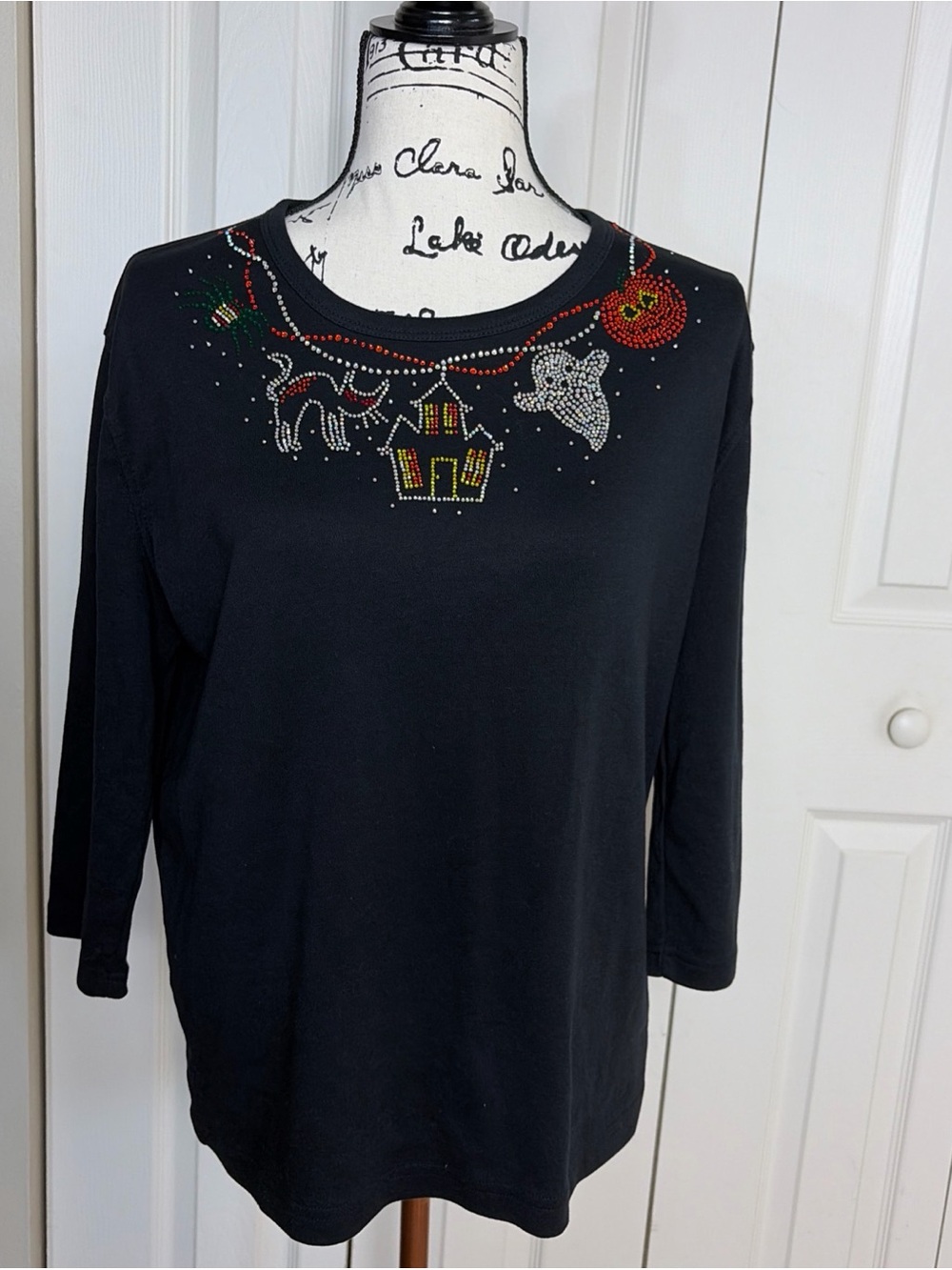 Get Lucky Black Halloween 3/4 sleeve Beaded Pumpkin/cat/ghost/house Top Size XL